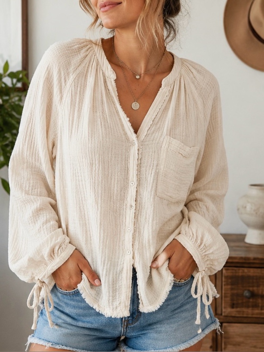 Aerie Cream Gauze Cotton Button Front Boho Peasant Blouse Large
